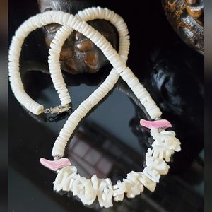 Vintage white heishi shell pink bird fetish surfer boho necklace MCM puka
